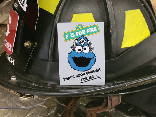 F is for fire, cookie monster, Firefighter aluminum playing card. Firefighter gifts,  firefighter helmet card.   Magnet option available.
