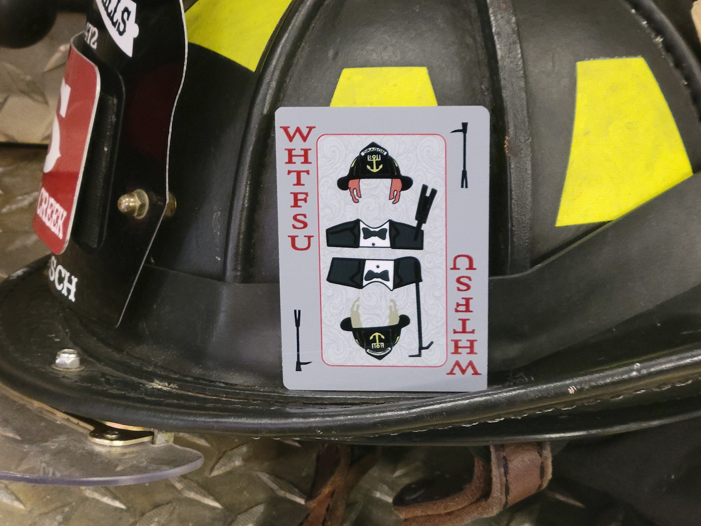 Bundle of three (3) firefighter metal playing cards.